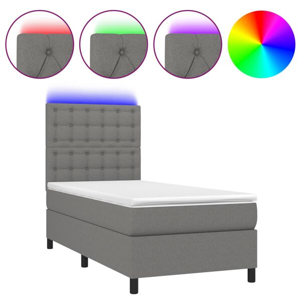 vidaXL Cama box spring c/ colch&atilde;o e LED 100x200 cm tecido cinza-escuro
