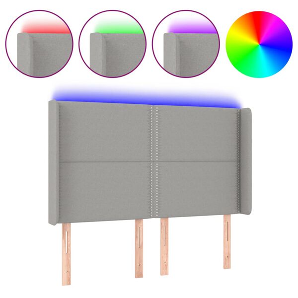 vidaXL Cabeceira cama c/ luzes LED tecido 147x16x118/128cm cinza-claro
