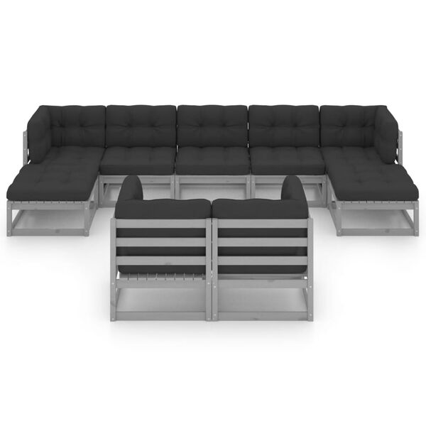 vidaXL 9pcs conjunto lounge de jardim c/ almofad&otilde;es pinho maci&ccedil;o cinza