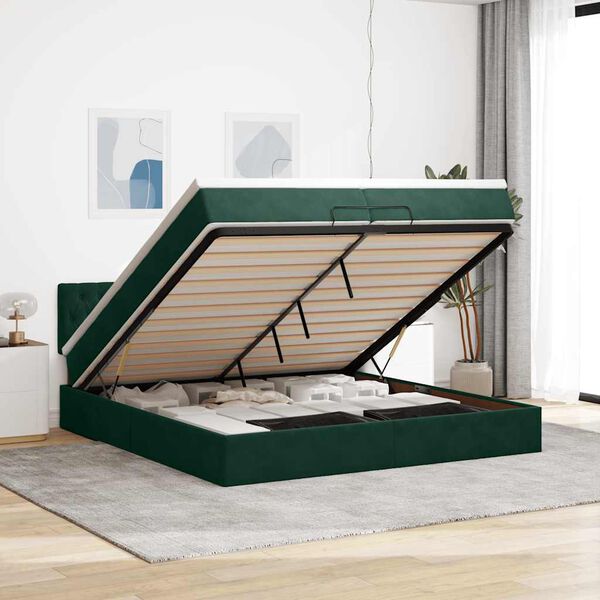 vidaXL Estrutura de cama otomana com colch&atilde;o 200x200 cm verde escuro