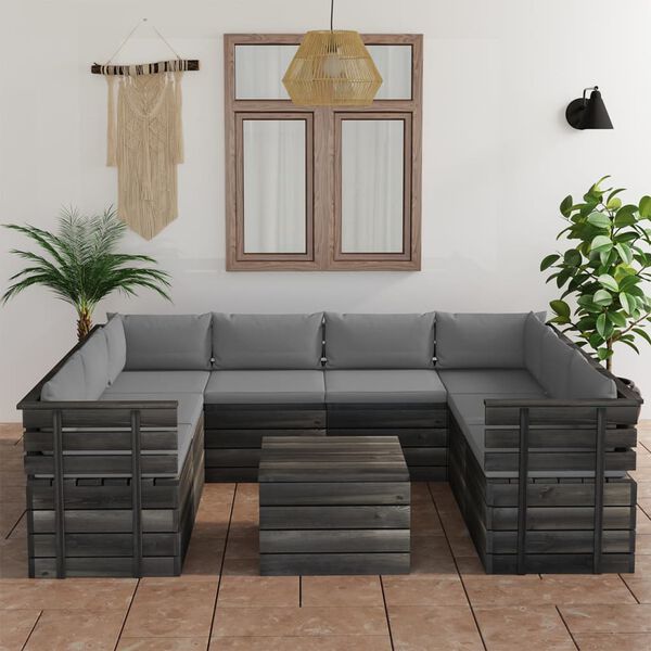 vidaXL 9 pcs conjunto lounge de paletes + almofad&otilde;es madeira de pinho