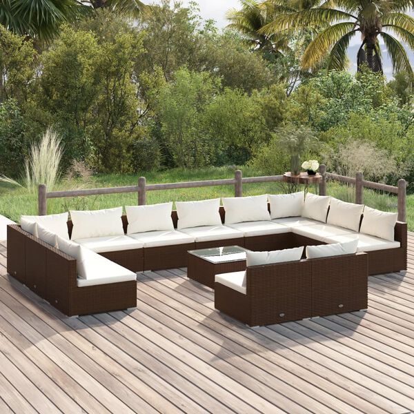 vidaXL 13 pcs conjunto lounge de jardim c/ almofad&otilde;es vime PE castanho