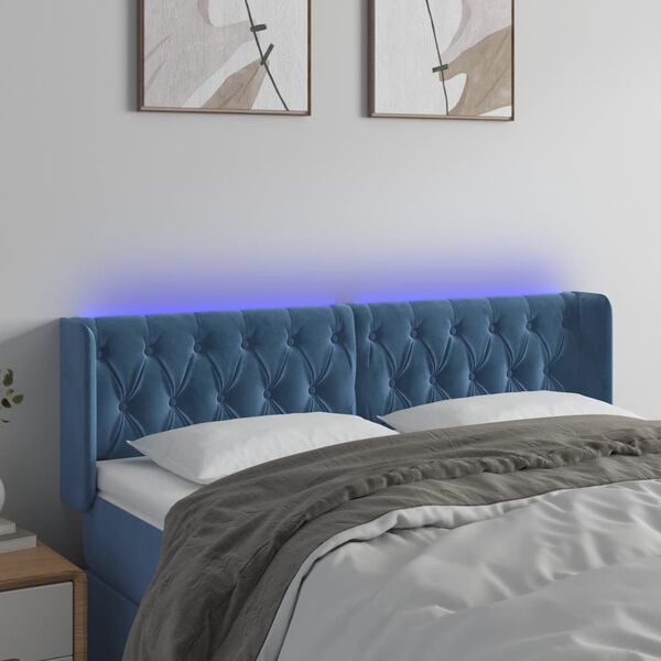 vidaXL Cabeceira cama c/ luzes LED veludo 147x16x78/88 cm azul-escuro