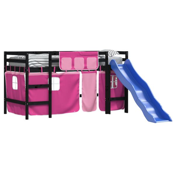 vidaXL Cama alta p/ crian&ccedil;a c/ cortinas 90x200 cm pinho maci&ccedil;o rosa