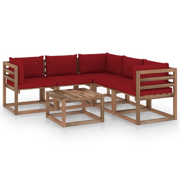 vidaxL 6 pcs conjunto lounge jardim c/ almofad&otilde;es vermelho tinto pinho