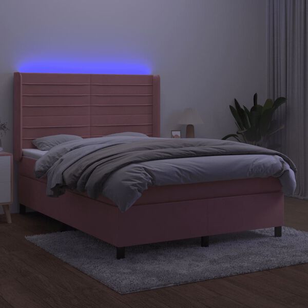 vidaXL Cama box spring c/ colch&atilde;o/LED 140x190 cm veludo rosa