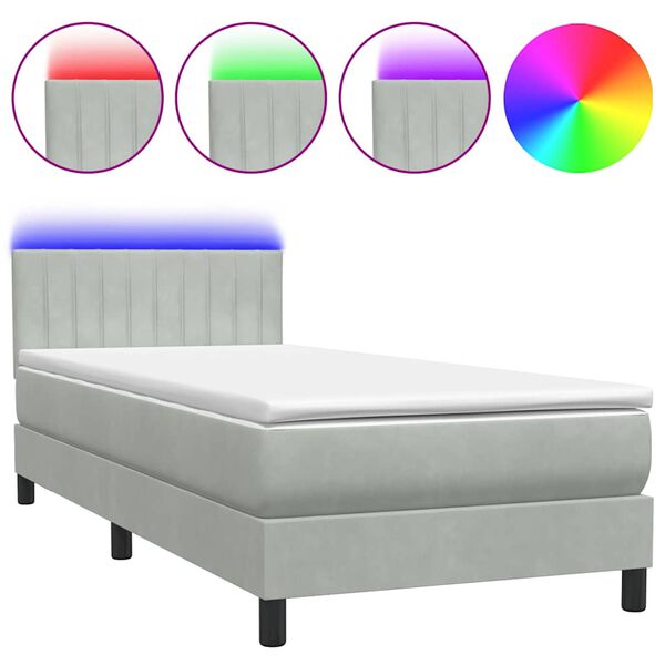 vidaXL Cama box spring c/ colch&atilde;o e LED 100x220 cm veludo cinza-claro