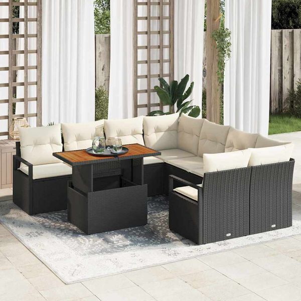 vidaXL Conjunto de Jantar para Jardim com almofada 9 pcs Preto e Creme