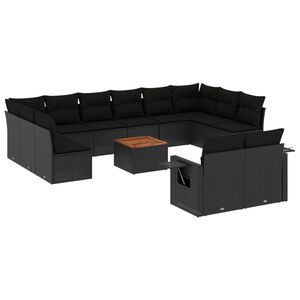 vidaXL 13 pcs conjunto de sof&aacute;s de jardim com almofad&otilde;es vime PE preto