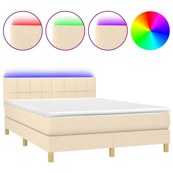 vidaXL Cama box spring c/ colch&atilde;o e LED 140x190 cm tecido cor creme