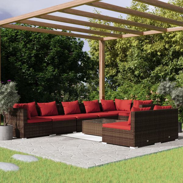 vidaXL 9 pcs conjunto lounge jardim c/ almofad&otilde;es vime PE castanho
