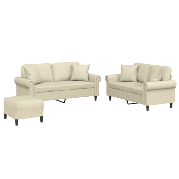 vidaXL 3 pcs conjunto de sof&aacute;s com almofadas couro artificial creme
