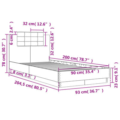 vidaXL Estrutura de cama c/ cabeceira/luzes LED 90x200 cm cinza sonoma