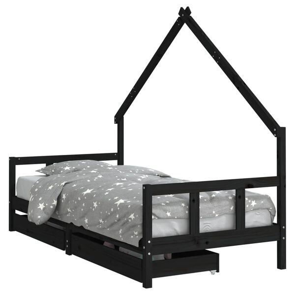 vidaXL Estrutura cama infantil c/ gavetas 90x190 cm pinho maci&ccedil;o preto