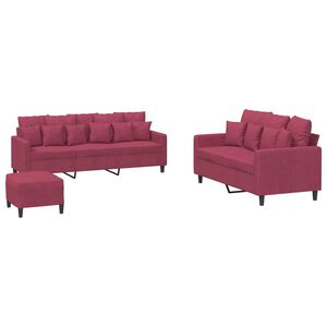 vidaXL 3 pcs conjunto de sof&aacute;s com almofad&otilde;es veludo vermelho tinto