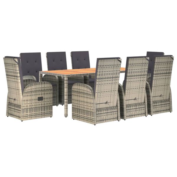 vidaXL 9 pcs conjunto de jantar p/ jardim c/ almofadões vime PE cinza