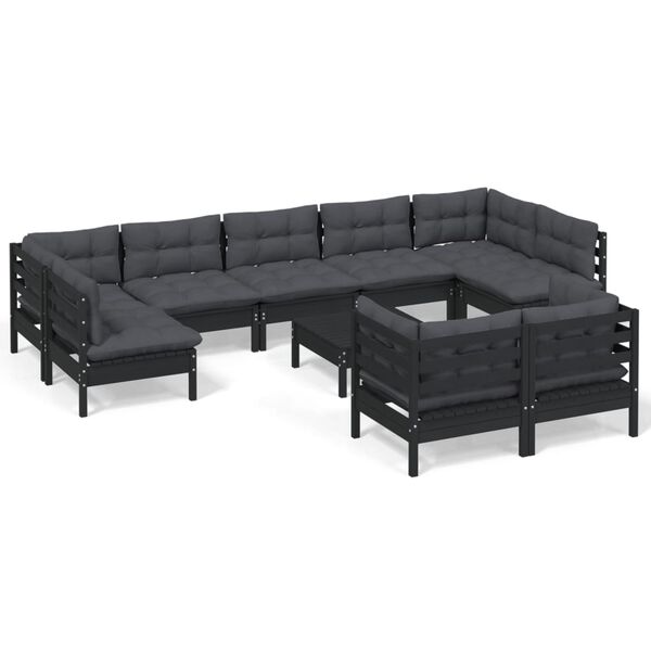 vidaXL 10 pcs conjunto lounge jardim c/ almofad&otilde;es pinho maci&ccedil;o preto