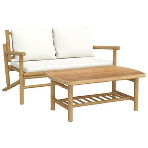 vidaXL 2 pcs conjunto lounge de jardim bambu c/ almofad&otilde;es branco nata