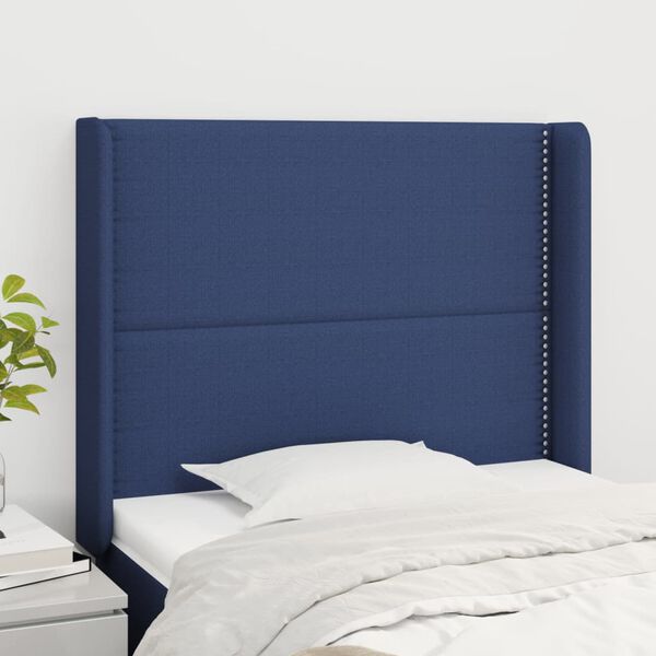 vidaXL Cabeceira de cama c/ abas tecido 83x16x118/128 cm azul