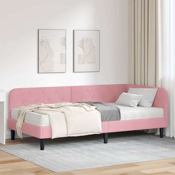 vidaXL Estrutura de Cama de Canto com colch&atilde;o Rosa 90 x 190 cm Veludo