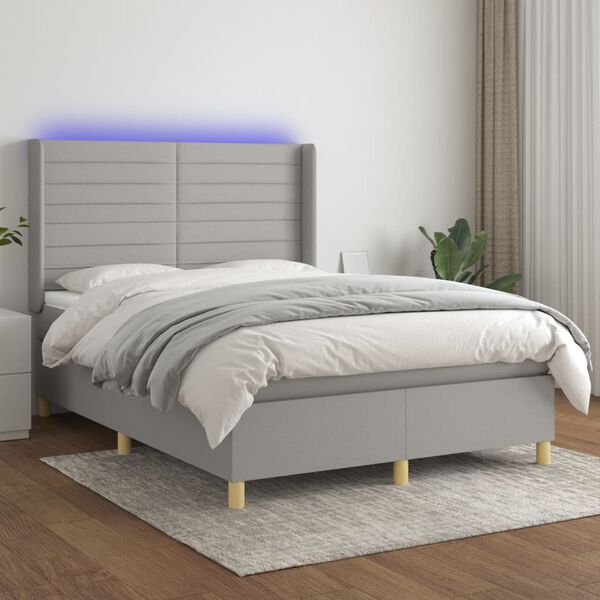vidaXL Cama box spring c/ colch&atilde;o e LED 140x200 cm tecido cinza-claro