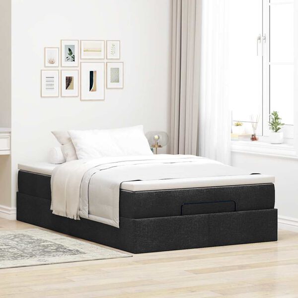 vidaXL Estrutura de cama otomana com colch&atilde;o preto 120x190 cm tecido