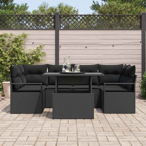 vidaXL Conjunto de Sof&aacute; de Jardim com travesseiro 7 pcs Preto vime PE