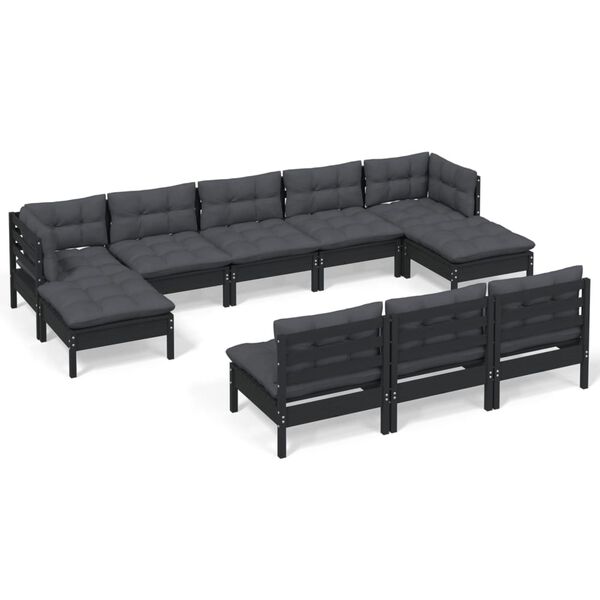 vidaXL 10 pcs conjunto lounge de jardim c/ almofad&otilde;es pinho preto