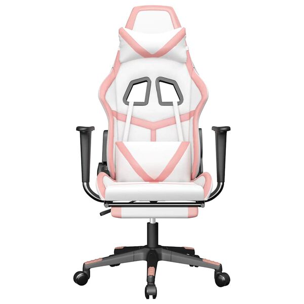 vidaXL Cadeira gaming massagens c/ apoio p&eacute;s couro artif. branco/rosa