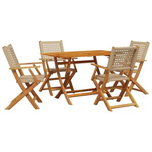 vidaXL 5pcs conjunto de jantar p/ jardim vime PE/ madeira maci&ccedil;a bege