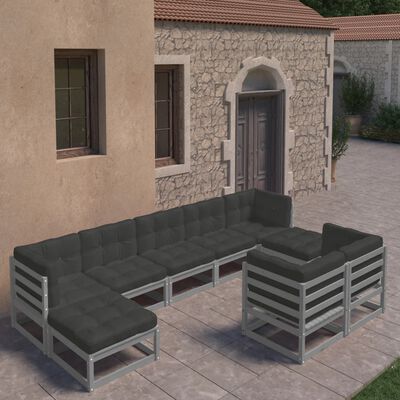 vidaXL 9pcs conjunto lounge de jardim c/ almofadões pinho maciço cinza