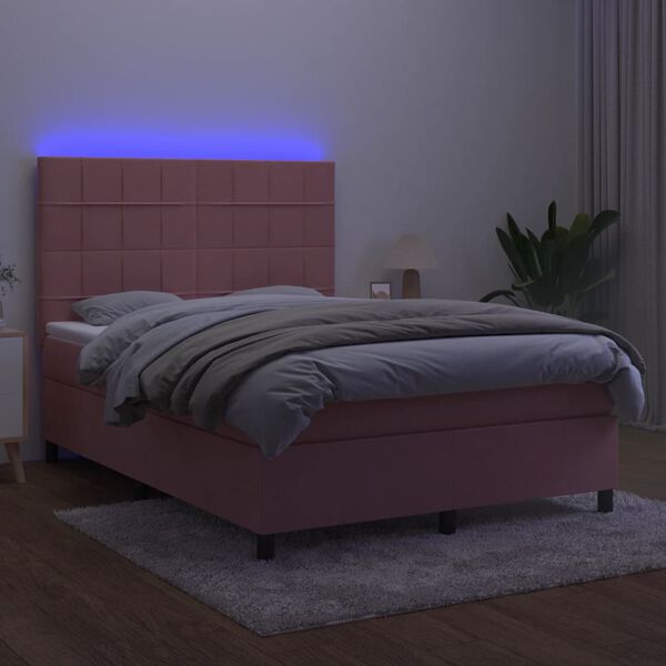 vidaXL Cama box spring c/ colch&atilde;o/LED 140x190 cm veludo rosa