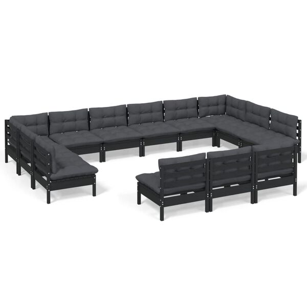 vidaXL 13 pcs conjunto lounge jardim c/ almofad&otilde;es pinho maci&ccedil;o preto