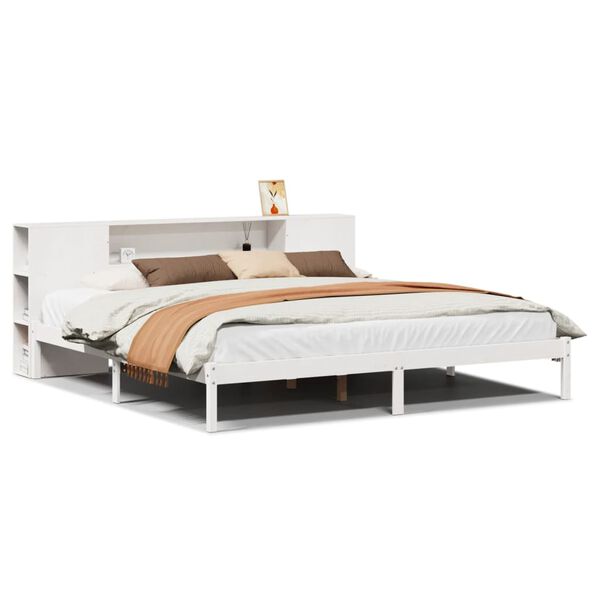 vidaXL Cama com estante sem colchão 180x200 cm pinho maciço branco