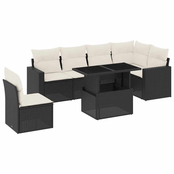vidaXL 7 pcs conjunto de sof&aacute;s p/ jardim c/ almofad&otilde;es vime PE preto