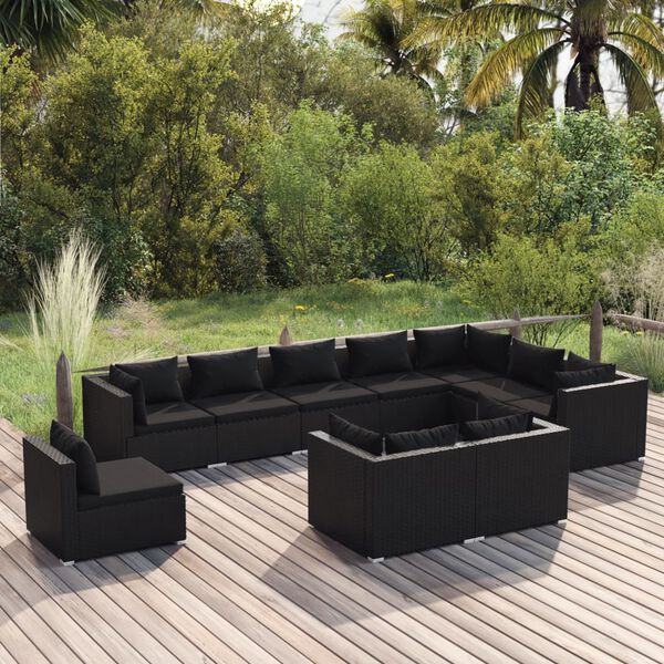 vidaXL 10 pcs conjunto lounge de jardim c/ almofad&otilde;es vime PE preto