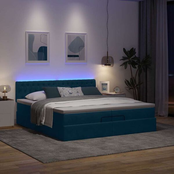 vidaXL Cama otomana com colch&otilde;es/LEDs 200x200 cm veludo azul-escuro