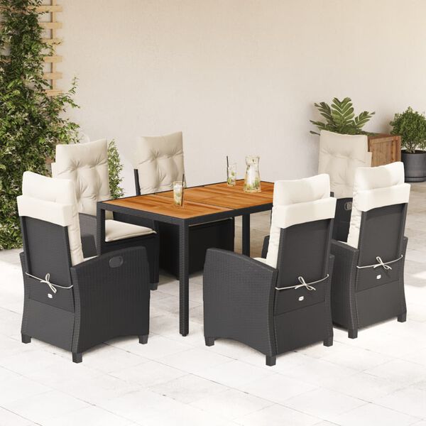 vidaXL 7 pcs conjunto de jantar p/ jardim c/ almofad&otilde;es vime PE preto