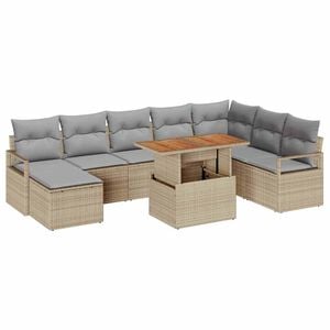 vidaXL Conjunto de Sof&aacute; de Jardim 9 pcs Bege Rattan Sint&eacute;tico
