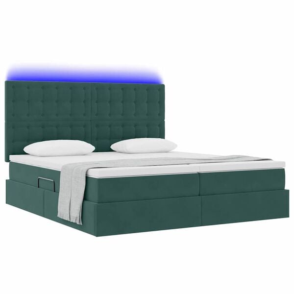 vidaXL Cama com luzes de tira LED Verde Escuro 180 x 200 cm Veludo