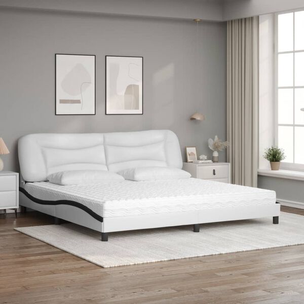 vidaXL Cama com colch&atilde;o Hvar 200x200 cm couro artificial preto e branco