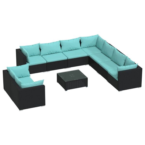 vidaXL 10 pcs conjunto lounge de jardim c/ almofad&otilde;es vime PE preto