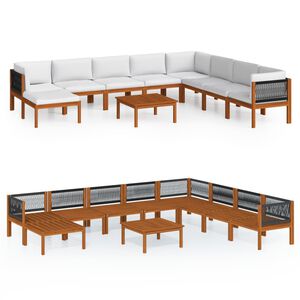 vidaXL Conjunto de lounge de jardim vidaXL com 9 pe&ccedil;as e almofadas em madeira de ac&aacute;cia creme e corda