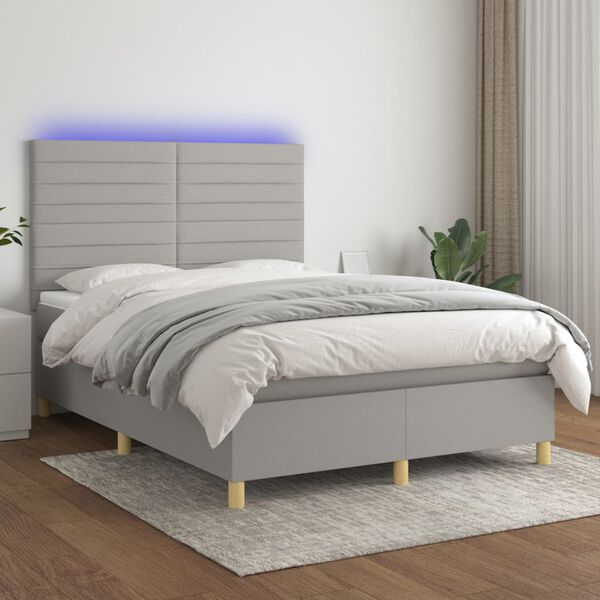 vidaXL Cama box spring c/ colch&atilde;o e LED 140x190 cm tecido cinza-claro