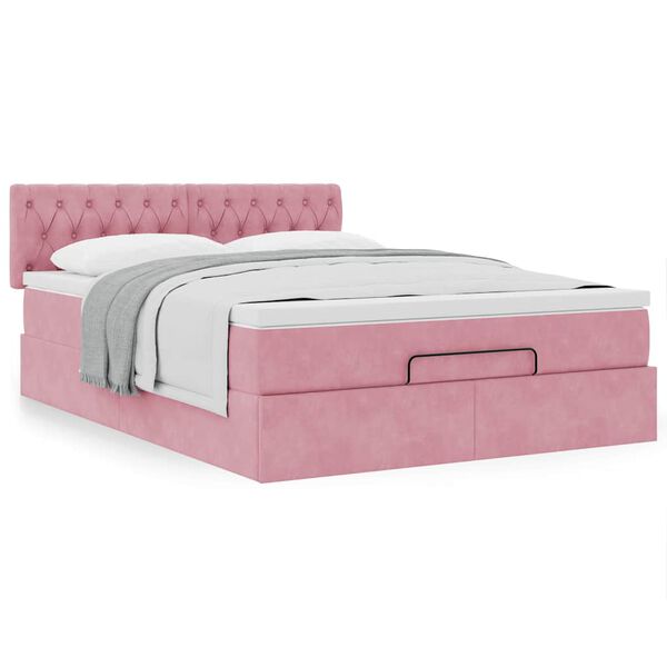 vidaXL Estrutura de cama otomana com colch&atilde;o 140x190 cm veludo rosa