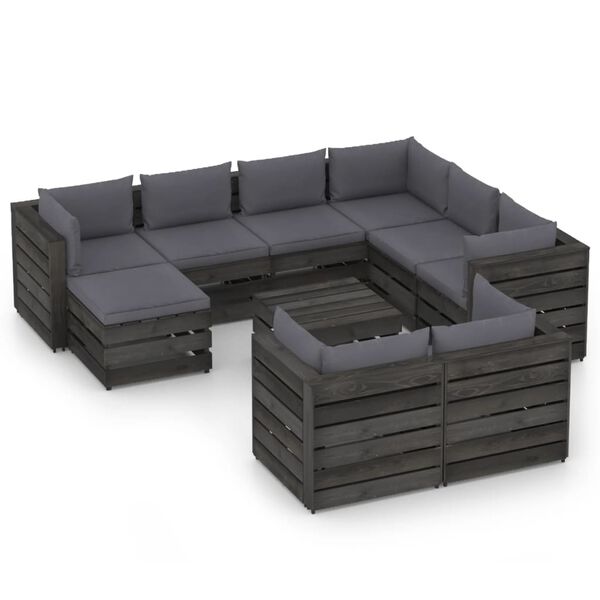 vidaXL 10pcs conj. lounge jardim + almofad&otilde;es madeira impreg. cinzento
