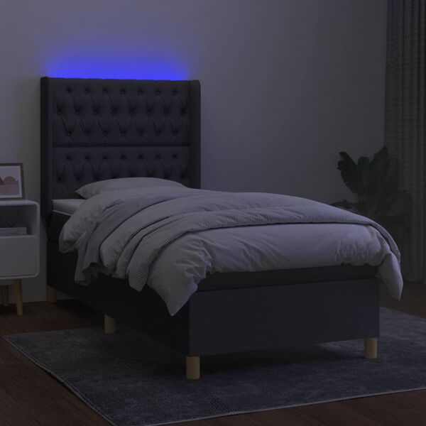 vidaXL Cama box spring c/ colch&atilde;o e LED 90x200 cm tecido cinza-escuro