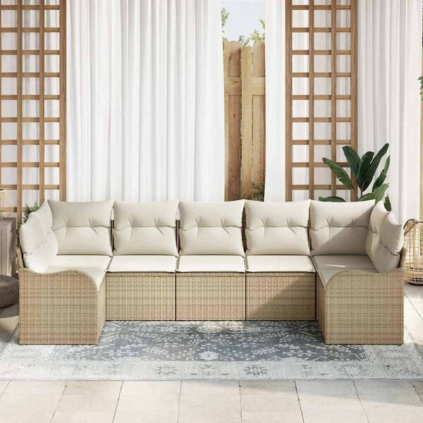 vidaXL Conjunto de Sof&aacute; de Jardim 7 pcs bege e branco Rattan Sint&eacute;tico