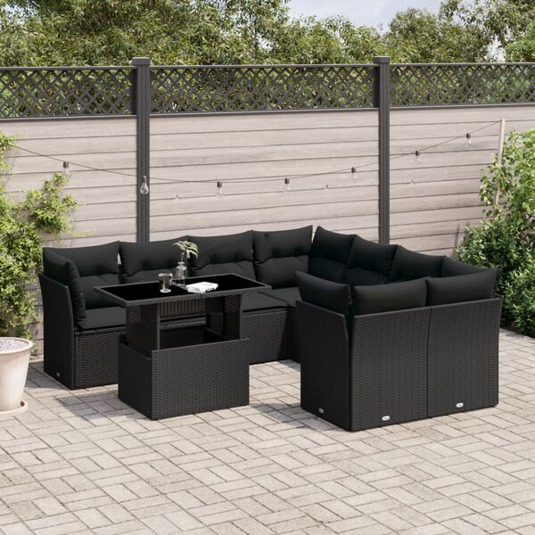vidaXL 9 pcs conjunto de sof&aacute;s p/ jardim c/ almofad&otilde;es vime PE preto