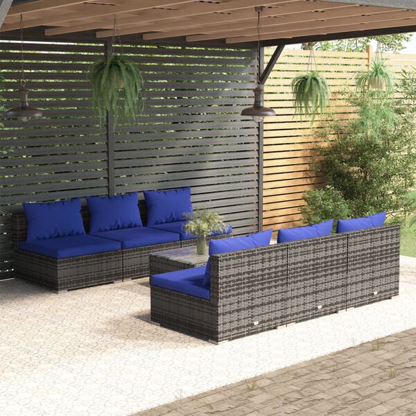 vidaXL 7 pcs conjunto lounge de jardim c/ almofad&otilde;es vime PE cinzento